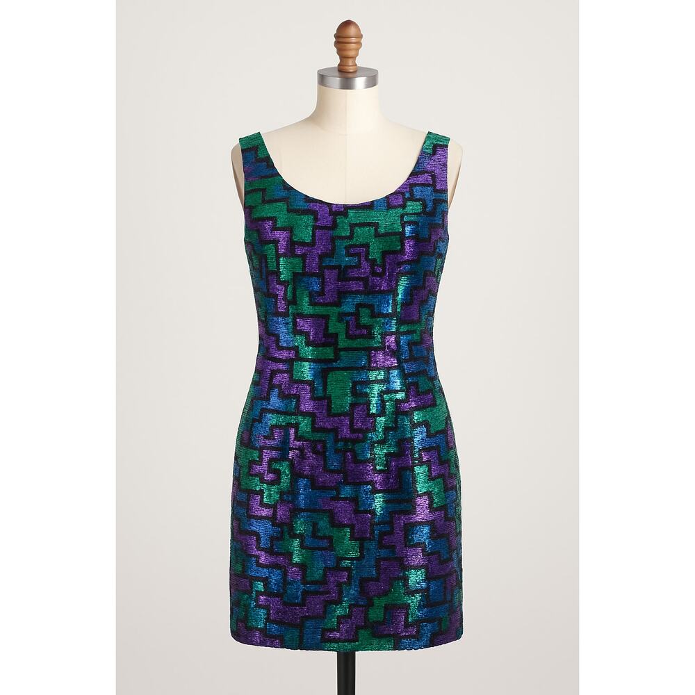 Vintage 80s Jay Reynolds Sequin Cocktail Dress Green Purple Blue & Black Sz 4
